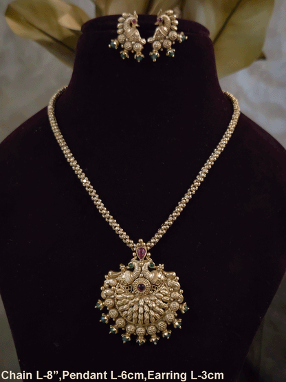 Half flower peacock top design pendant set with 8" long chain