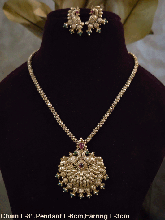 Half flower peacock top design pendant set with 8" long chain
