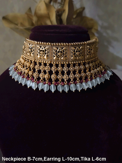 Traditional square design broad choker with hanging tukdies and coloured beads