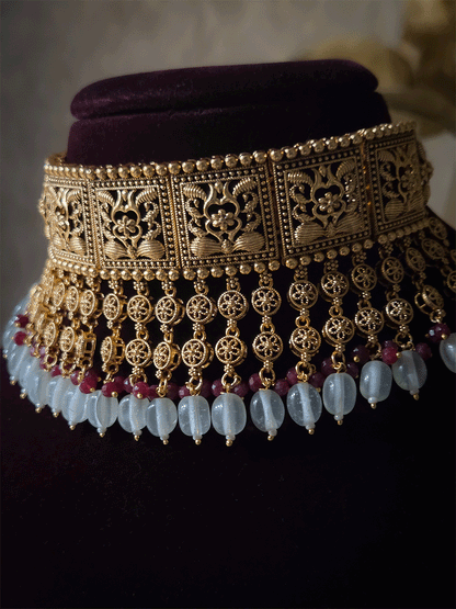 Traditional square design broad choker with hanging tukdies and coloured beads