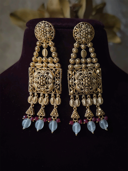 Traditional square design broad choker with hanging tukdies and coloured beads