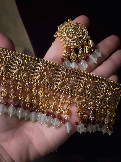 Traditional square design broad choker with hanging tukdies and coloured beads