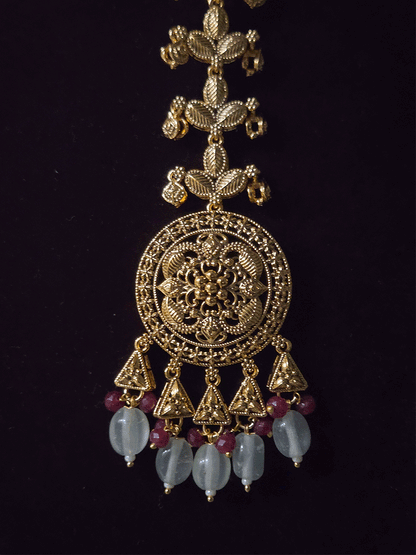 Traditional square design broad choker with hanging tukdies and coloured beads