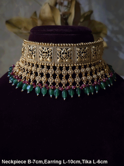 Traditional square design broad choker with hanging tukdies and coloured beads