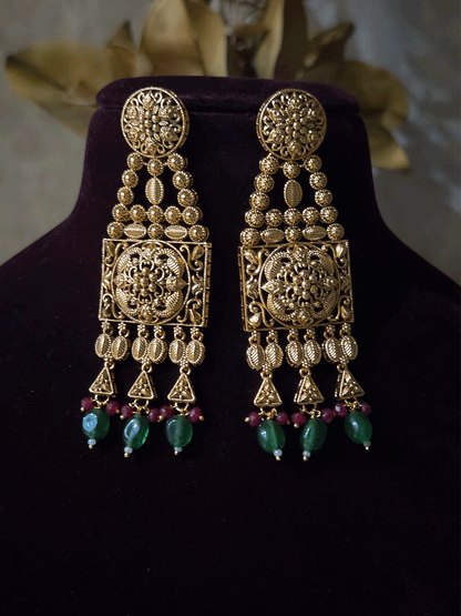 Traditional square design broad choker with hanging tukdies and coloured beads