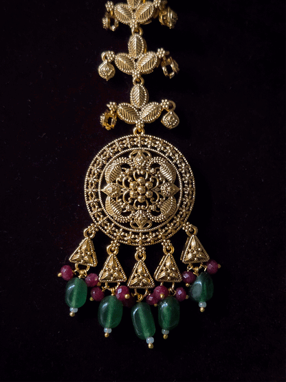 Traditional square design broad choker with hanging tukdies and coloured beads