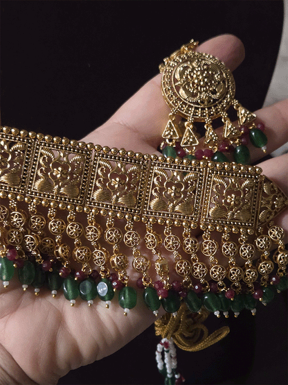 Traditional square design broad choker with hanging tukdies and coloured beads