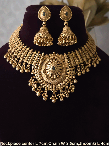 Leaf design center with coloured stone ghunghru hangings set with side broad chain