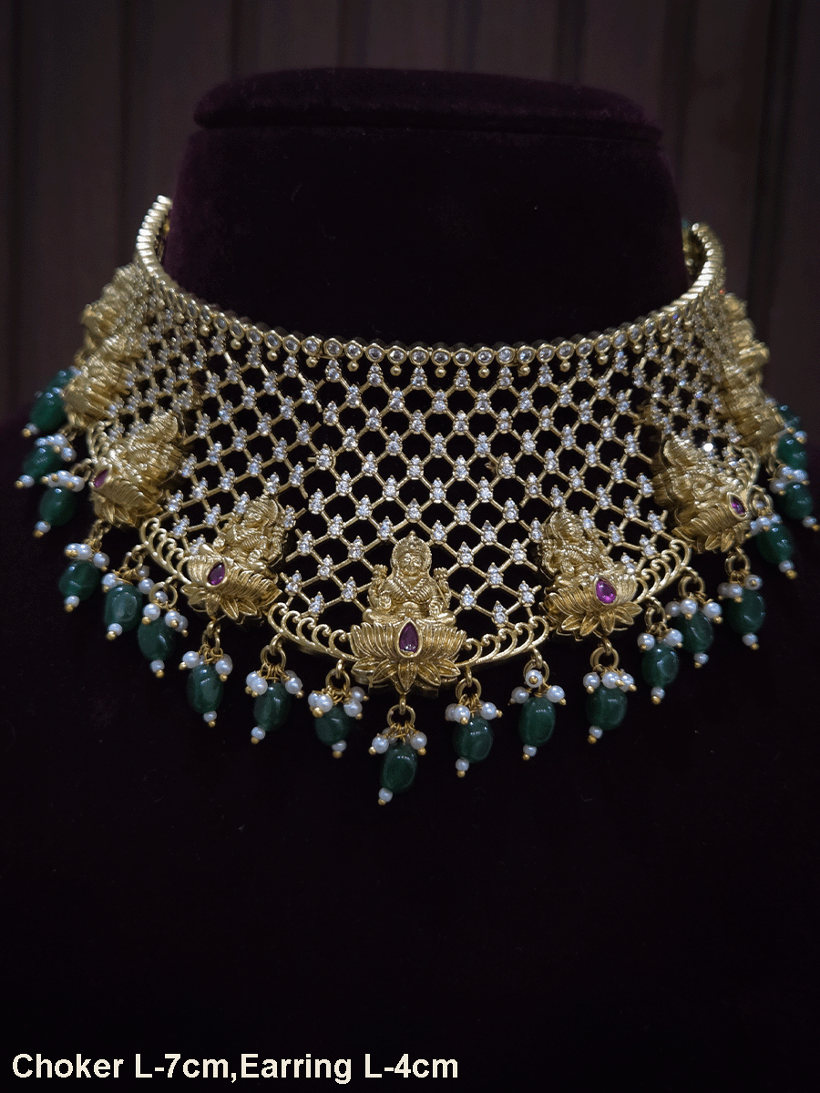 Mesh AD design broad choker set with laxmiji motif's and green bead drops