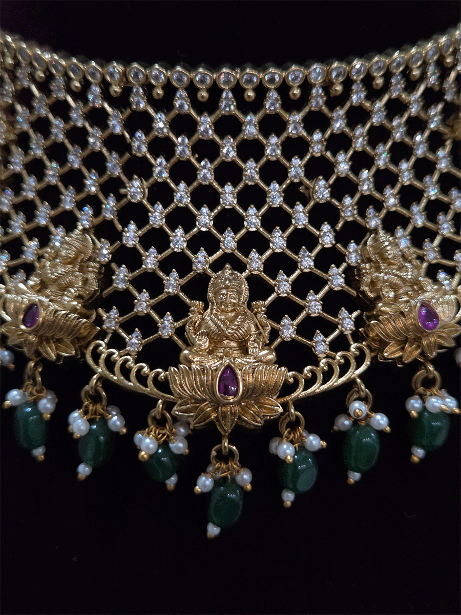 Mesh AD design broad choker set with laxmiji motif's and green bead drops