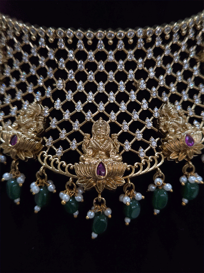 Mesh AD design broad choker set with laxmiji motif's and green bead drops