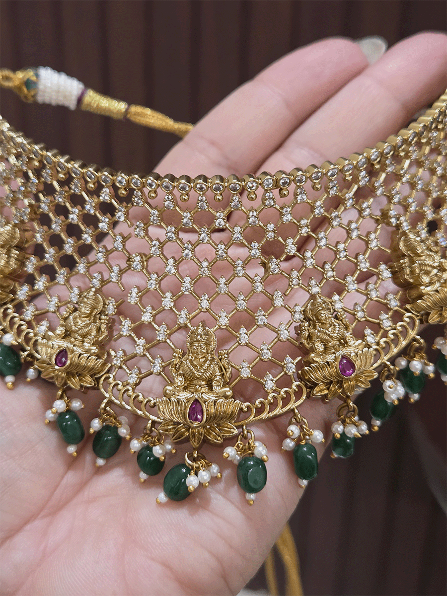 Mesh AD design broad choker set with laxmiji motif's and green bead drops