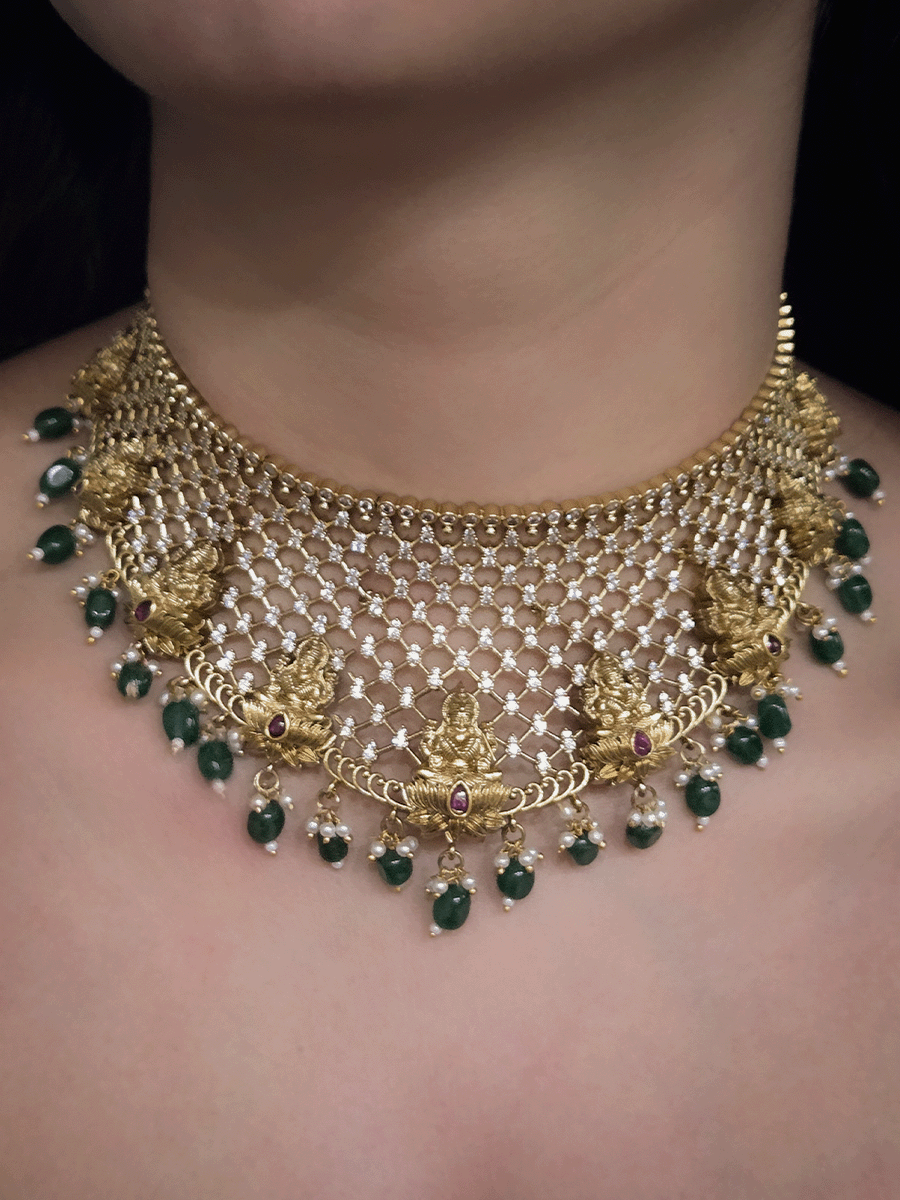 Mesh AD design broad choker set with laxmiji motif's and green bead drops