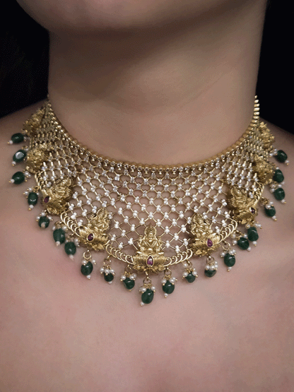 Mesh AD design broad choker set with laxmiji motif's and green bead drops