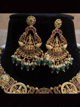 Load image into Gallery viewer, Laxmiji and peacock design broad center piece with beaded hangings set