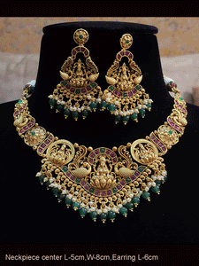 Laxmiji and peacock design broad center piece with beaded hangings set