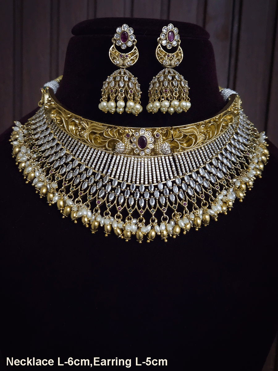 Marquise shaped stone and zircon studded broad choker set with intricate design on top