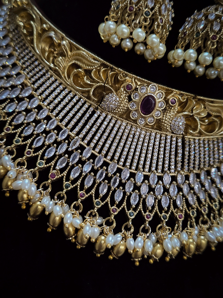 Marquise shaped stone and zircon studded broad choker set with intricate design on top
