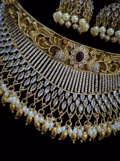 Marquise shaped stone and zircon studded broad choker set with intricate design on top