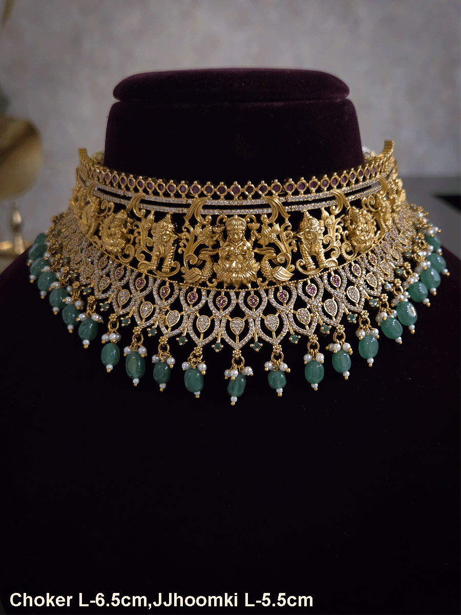 Laxmiji and Ganpatiji motif's zircon studded choker with peacock design