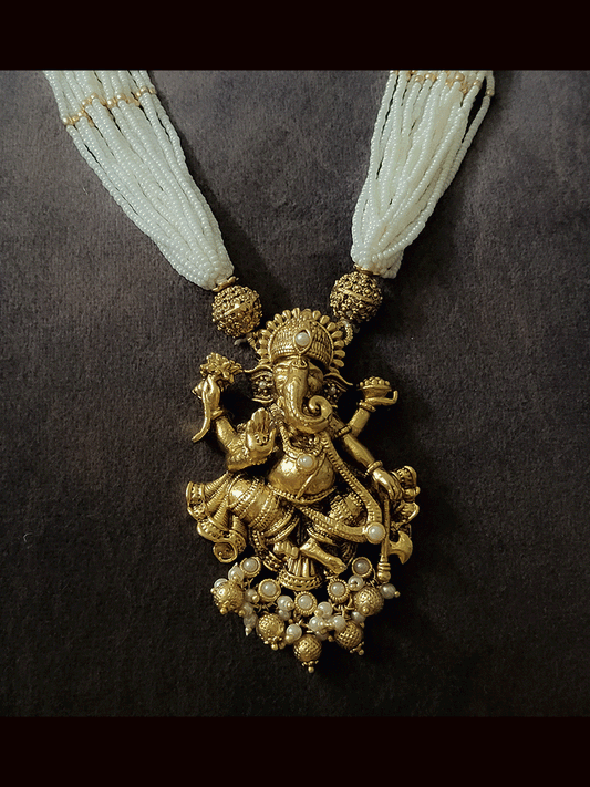 Multiple cheed strings ganpatiji pendant set with ganpatiji top jhoomki