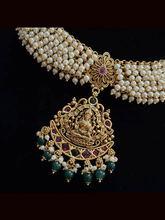 Load image into Gallery viewer, Laxmiji center pendant with green bead drops and side pearl hanging broad string