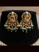 Load image into Gallery viewer, Laxmiji center pendant with green bead drops and side pearl hanging broad string