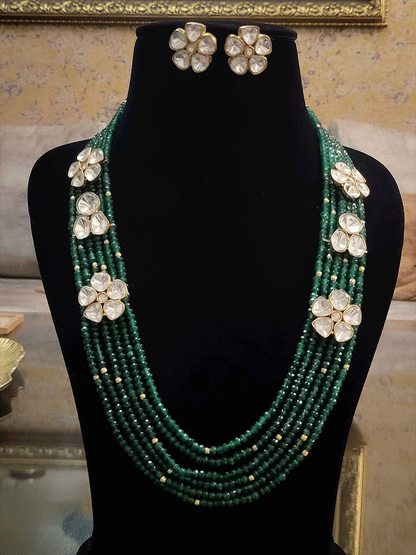 12" Long multiple strings set with uncut polki flower and three polki tukdi(Earring L-2.5cm)