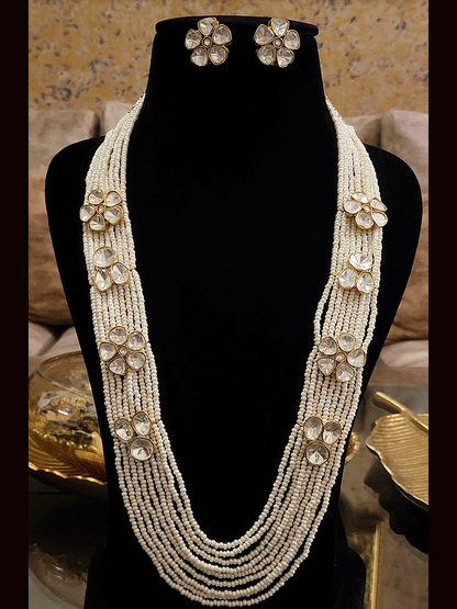 12" Long multiple strings set with uncut polki flower and three polki tukdi(Earring L-2.5cm)