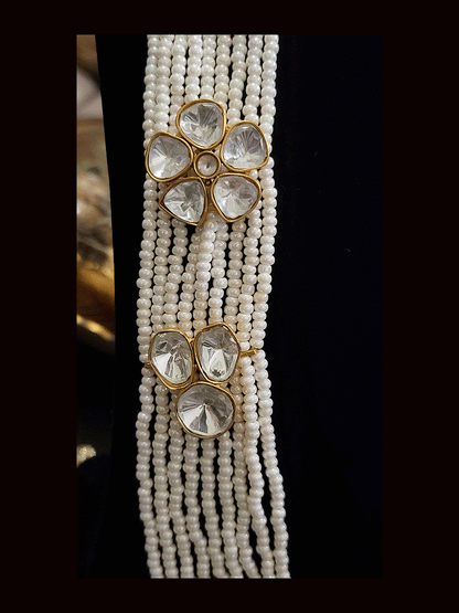 12" Long multiple strings set with uncut polki flower and three polki tukdi(Earring L-2.5cm)
