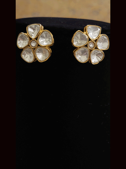 12" Long multiple strings set with uncut polki flower and three polki tukdi(Earring L-2.5cm)