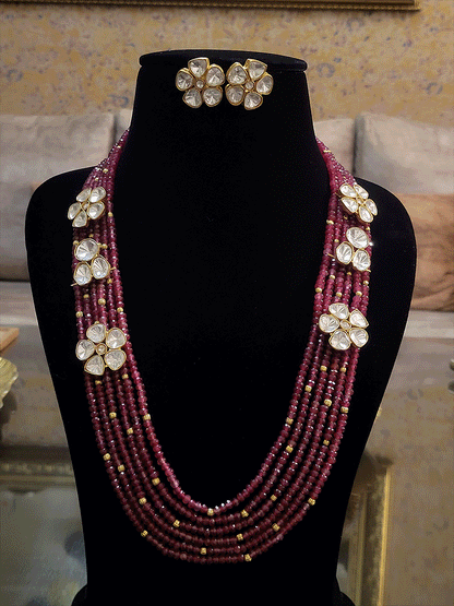 12" Long multiple strings set with uncut polki flower and three polki tukdi(Earring L-2.5cm)