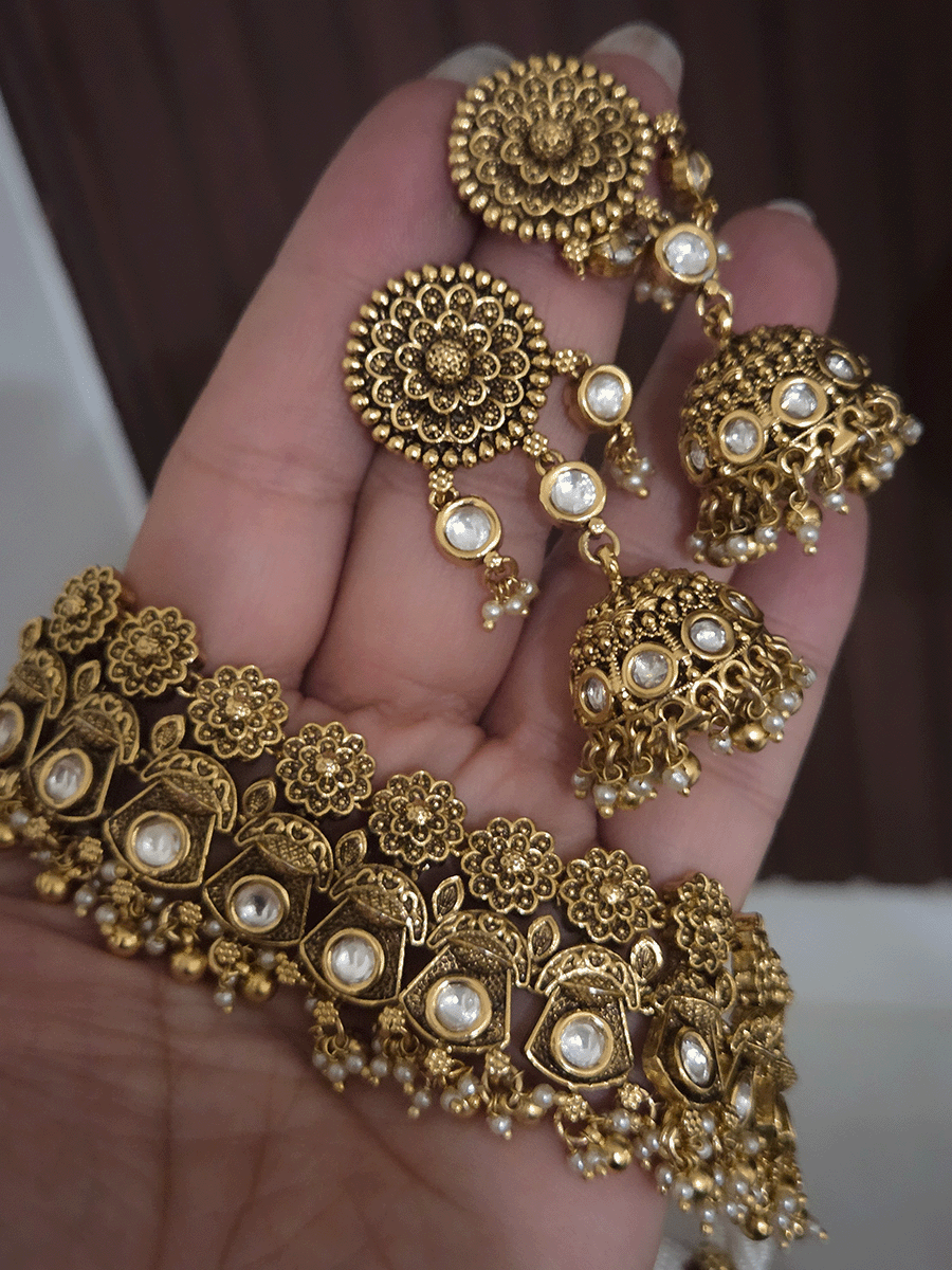 Flower top line antique kundan tukdies bead drops set with side cheed strings