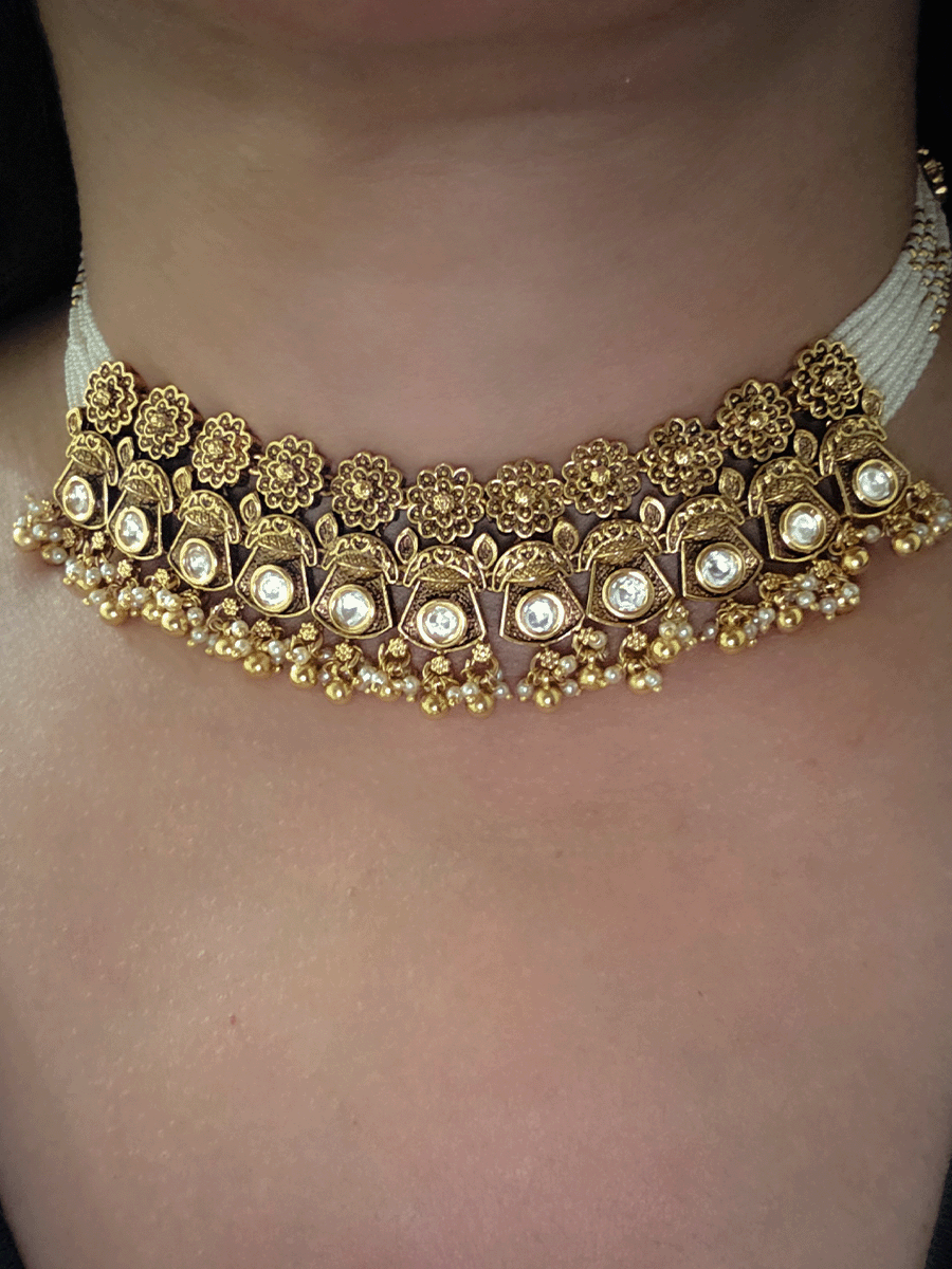 Flower top line antique kundan tukdies bead drops set with side cheed strings