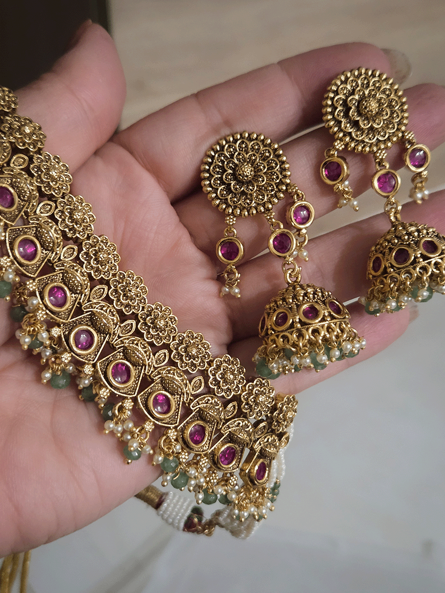 Flower top line antique kundan tukdies bead drops set with side cheed strings
