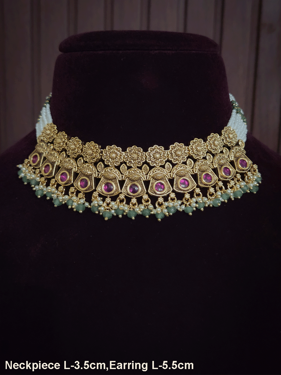 Flower top line antique kundan tukdies bead drops set with side cheed strings