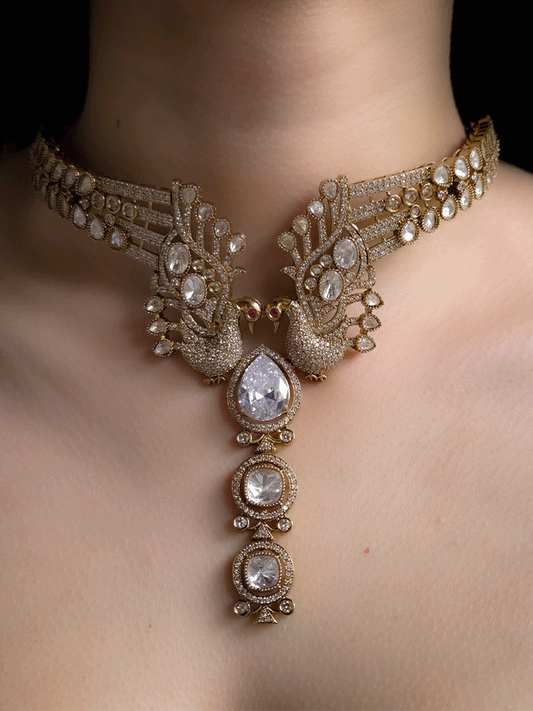 Tear shaped white stone with peacock on both sides mehendi finish moissanite set