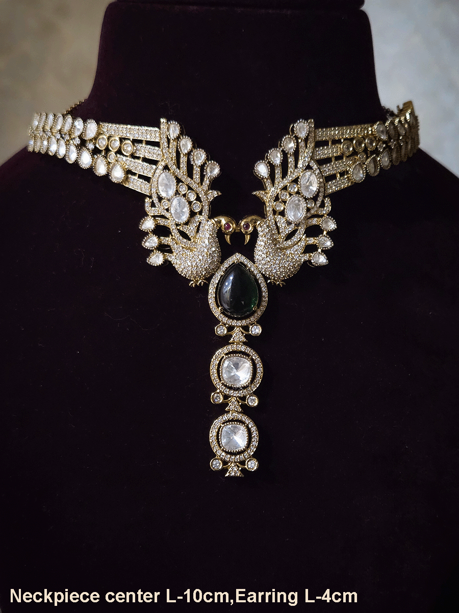 Tear shaped white stone with peacock on both sides mehendi finish moissanite set