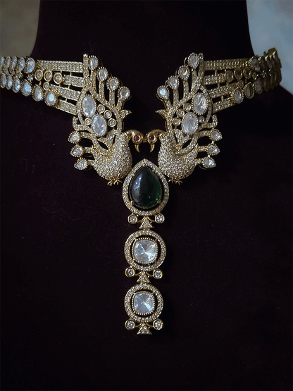 Tear shaped white stone with peacock on both sides mehendi finish moissanite set