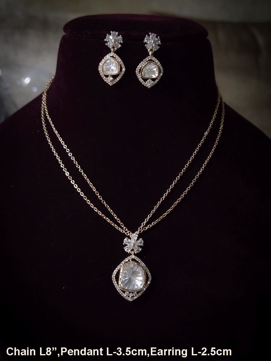 Zircon surrounded moissanite with flower top design pendant in 8 inch long double chain set