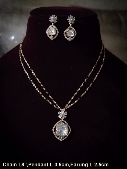 Zircon surrounded moissanite with flower top design pendant in 8 inch long double chain set
