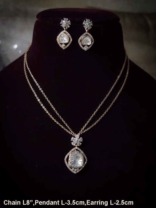 Zircon surrounded moissanite with flower top design pendant in 8 inch long double chain set