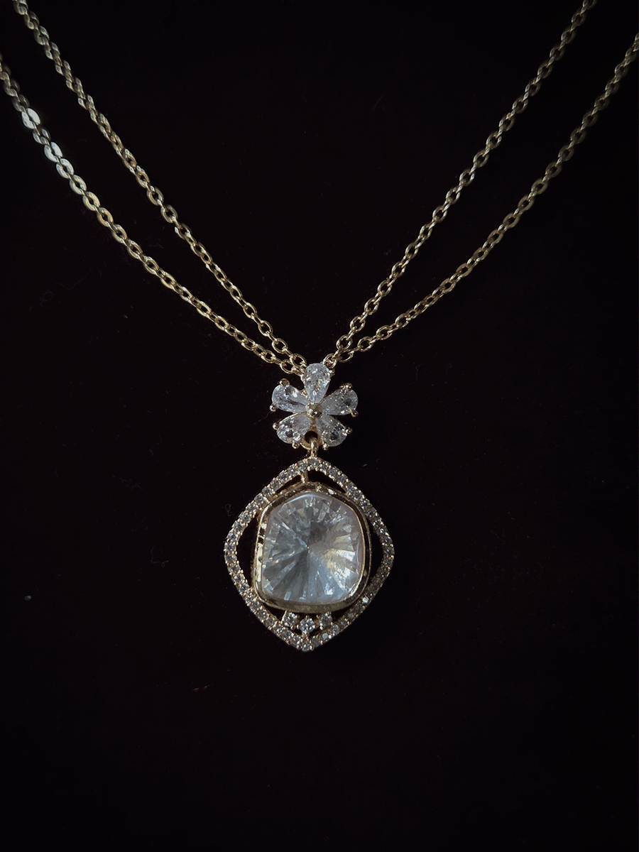 Zircon surrounded moissanite with flower top design pendant in 8 inch long double chain set