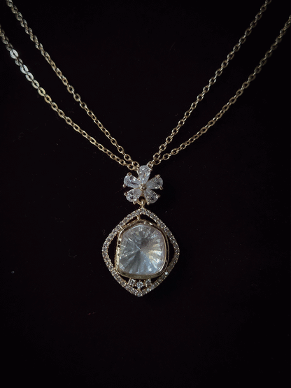 Zircon surrounded moissanite with flower top design pendant in 8 inch long double chain set