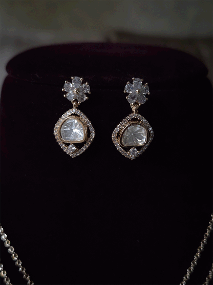 Zircon surrounded moissanite with flower top design pendant in 8 inch long double chain set