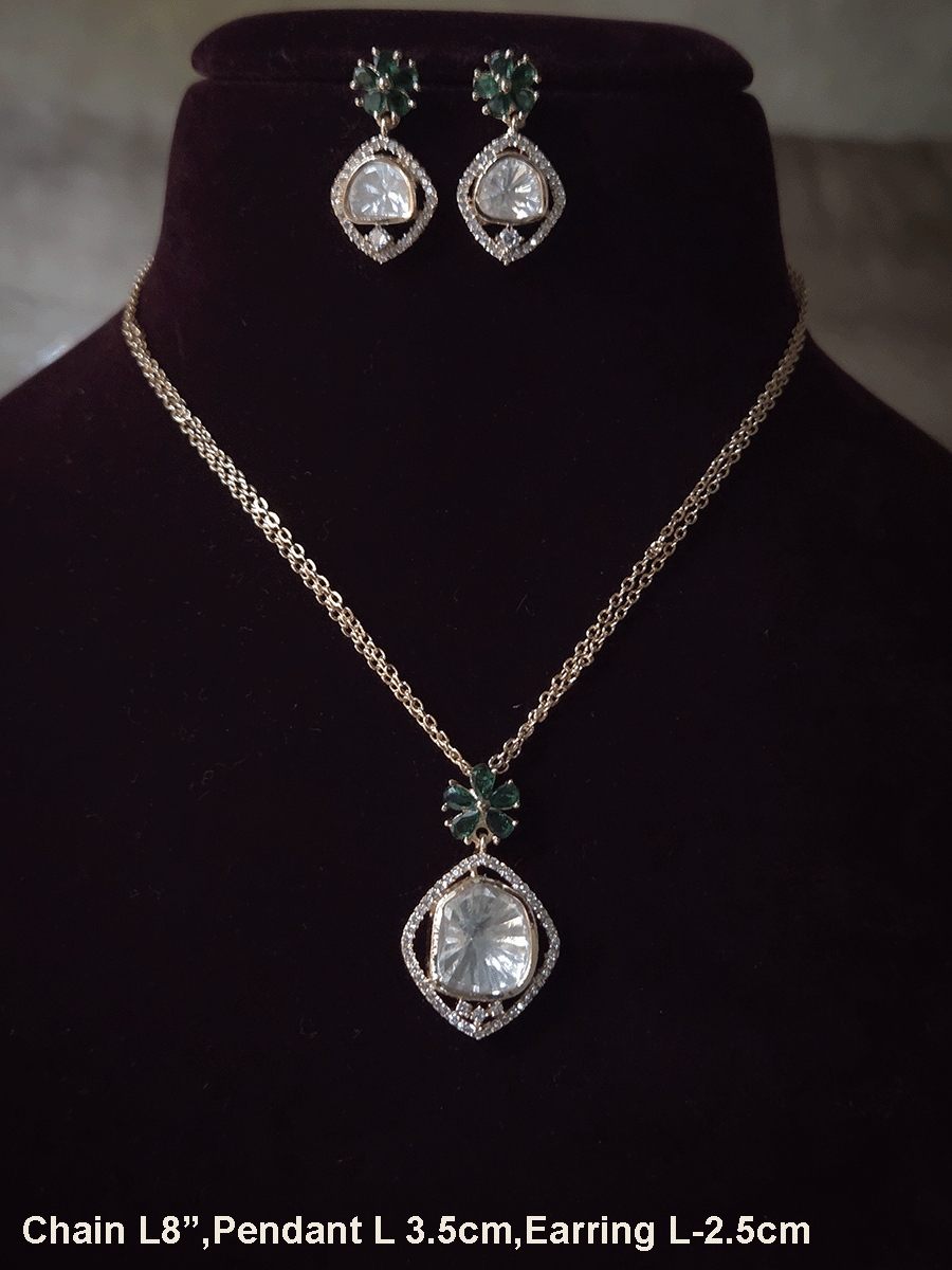 Zircon surrounded moissanite with flower top design pendant in 8 inch long double chain set