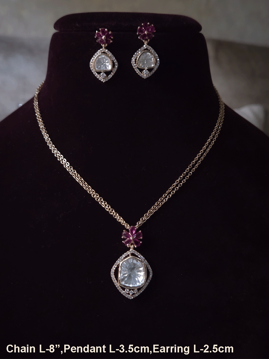 Zircon surrounded moissanite with flower top design pendant in 8 inch long double chain set