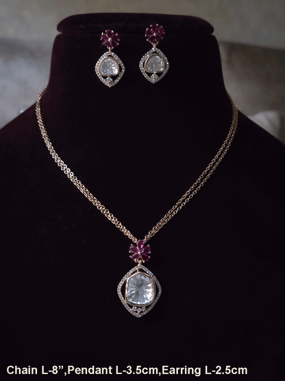 Zircon surrounded moissanite with flower top design pendant in 8 inch long double chain set
