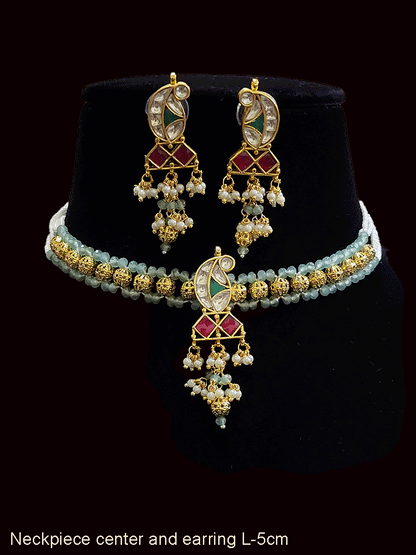 Aqua green and gold bead side string paisley design pacchi kundan center tukdi set