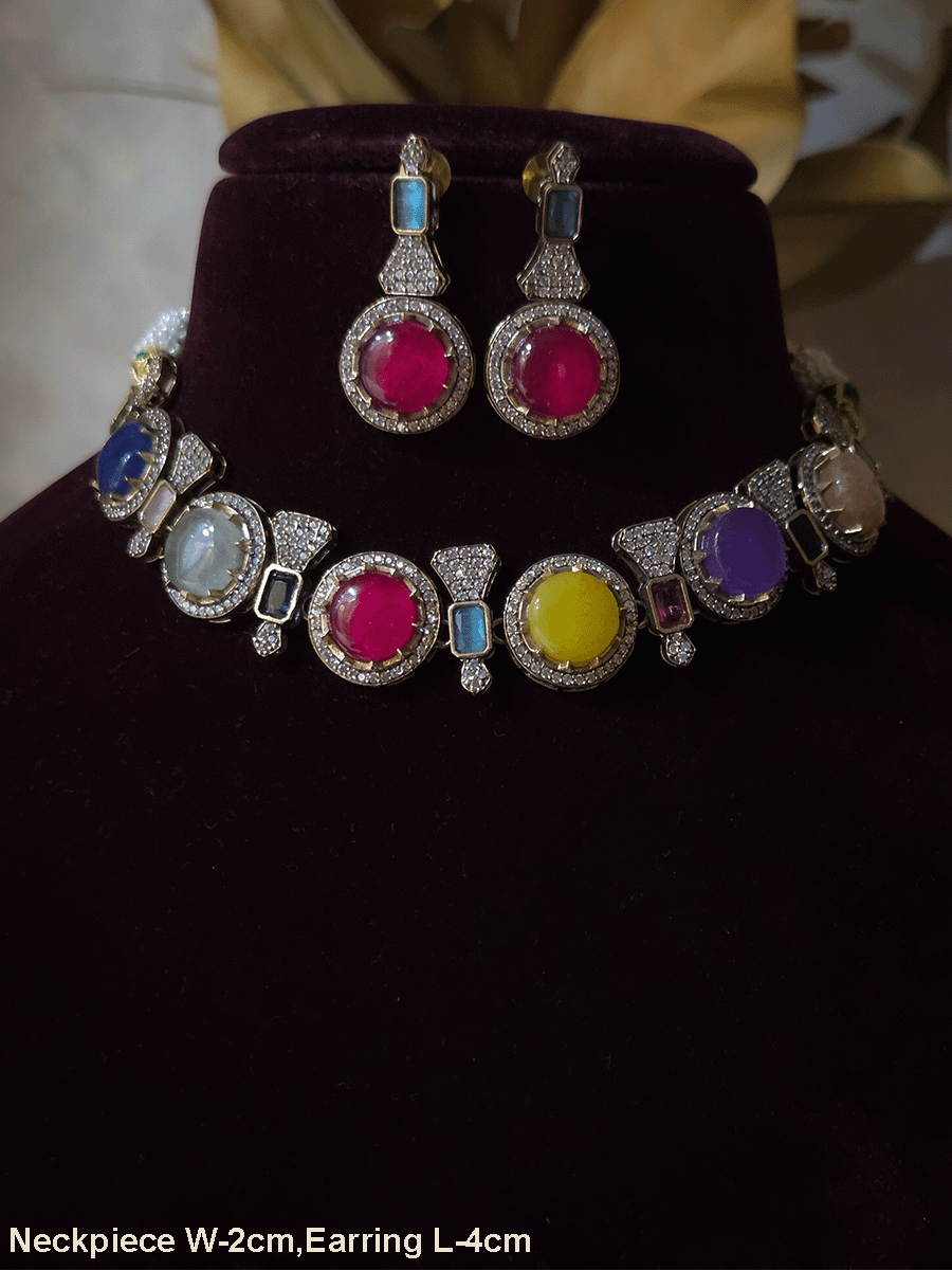 Mehandi finish circular multicoloured stones classy set